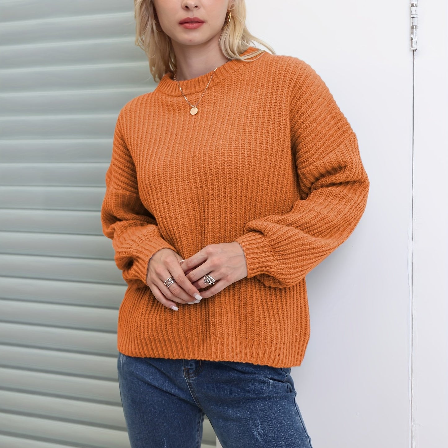 gbolsos Solid Versatile Knit Pullover Sweater, Casual Crew Neck Drop Shoulder Long Sleeve Sweater, Women's Clothing