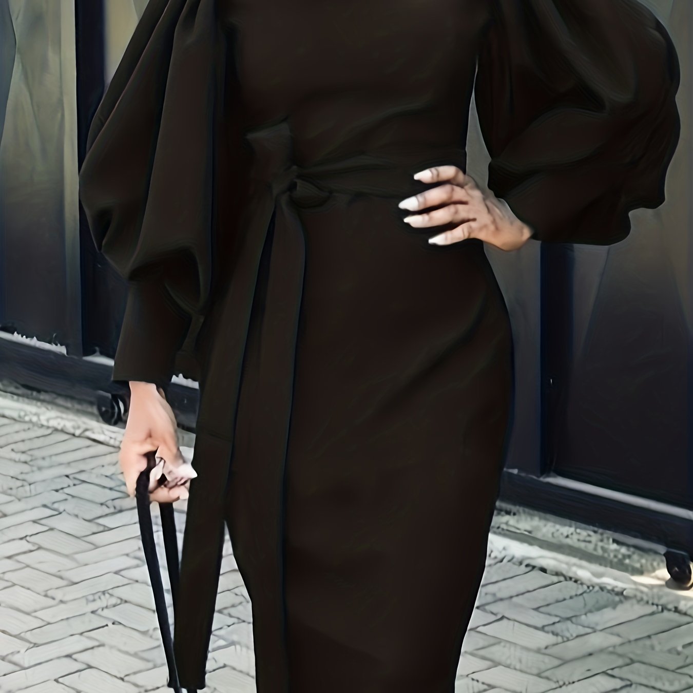 gbolsos Split Lantern Long Sleeve Dress, Elegant Crew Neck Solid Dress, Women's Clothing