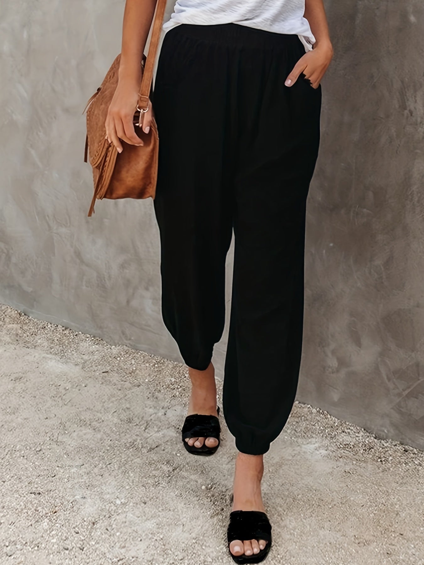 gbolsos Solid Ruched Pants, Casual Elastic High Waist Cropped Pants With Pockets, Women's Clothing
