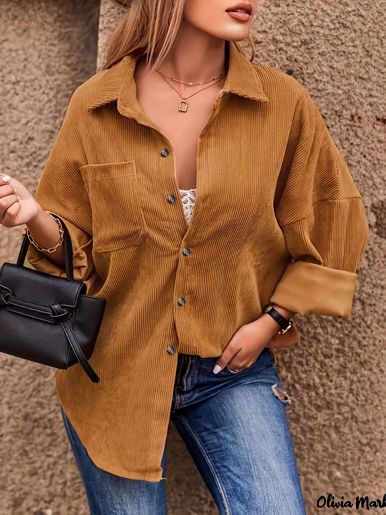 gbolsos Solid Button Front Pocket Shirt, Casual Long Sleeve Shirt For Spring & Fall, Women's Clothing
