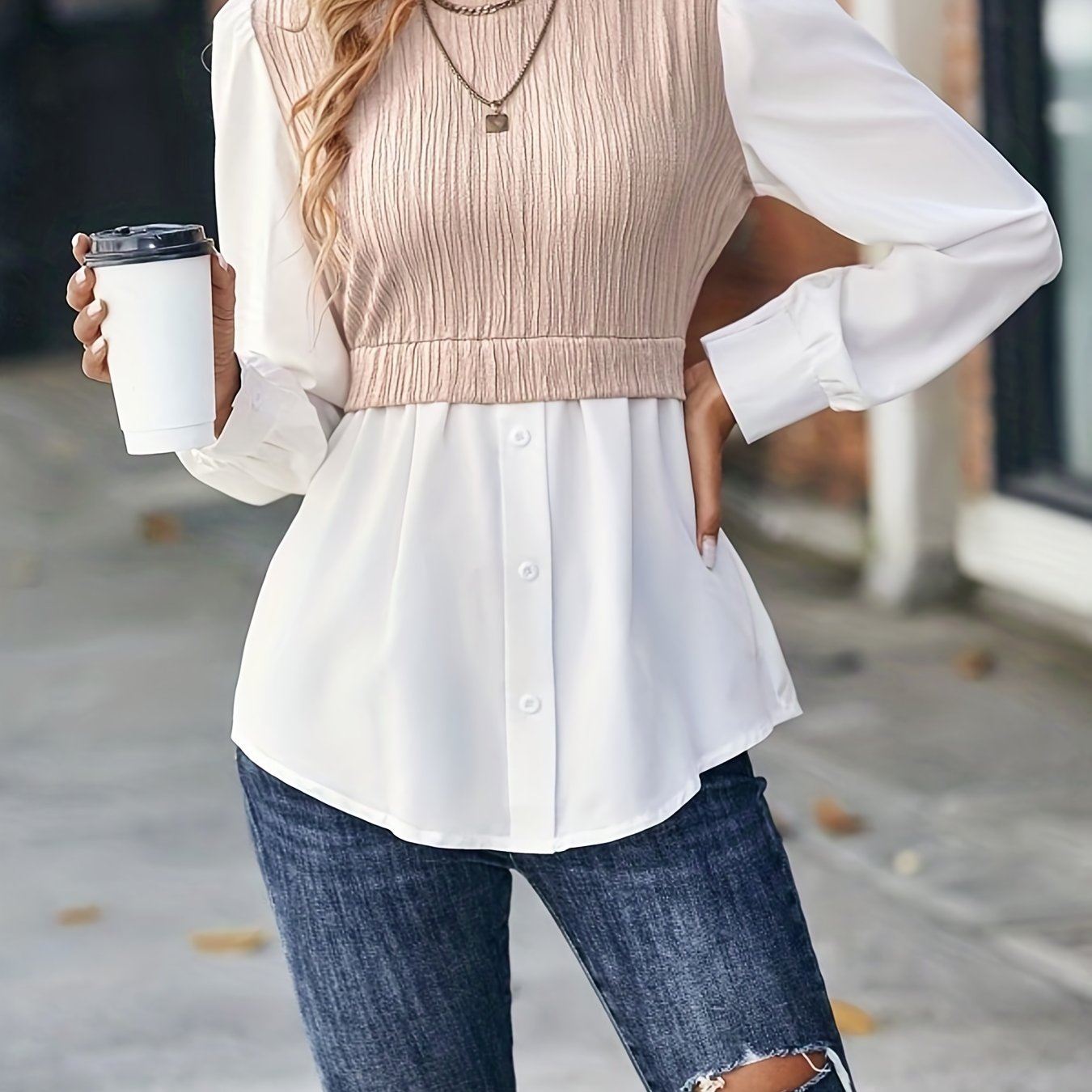 gbolsos Color Block Stitching Blouse, Elegant Crew Neck Long Sleeve Blouse, Women's Clothing