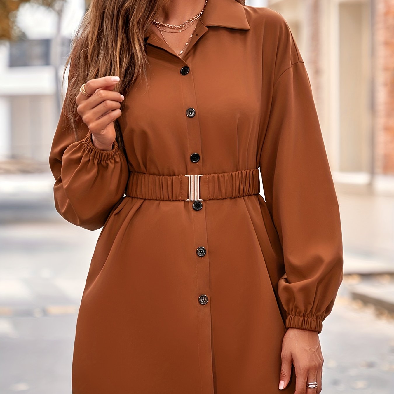gbolsos Button Front Belt Blouse, Elegant Lantern Sleeve Lapel Blouse For Spring & Fall, Women's Clothing