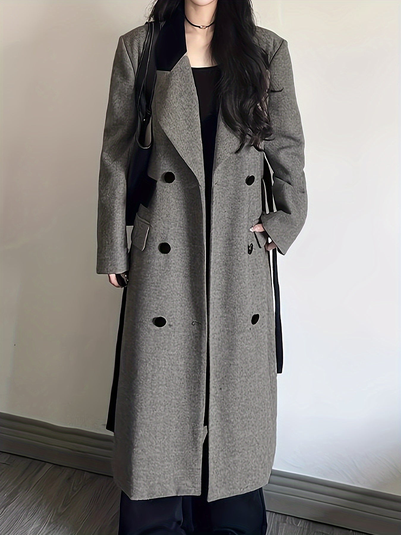 gbolsos Color Block Double-breasted Coat, Casual Long Sleeve Back Vent Tie Lapel Overcoat For Fall & Winter, Women's Clothing