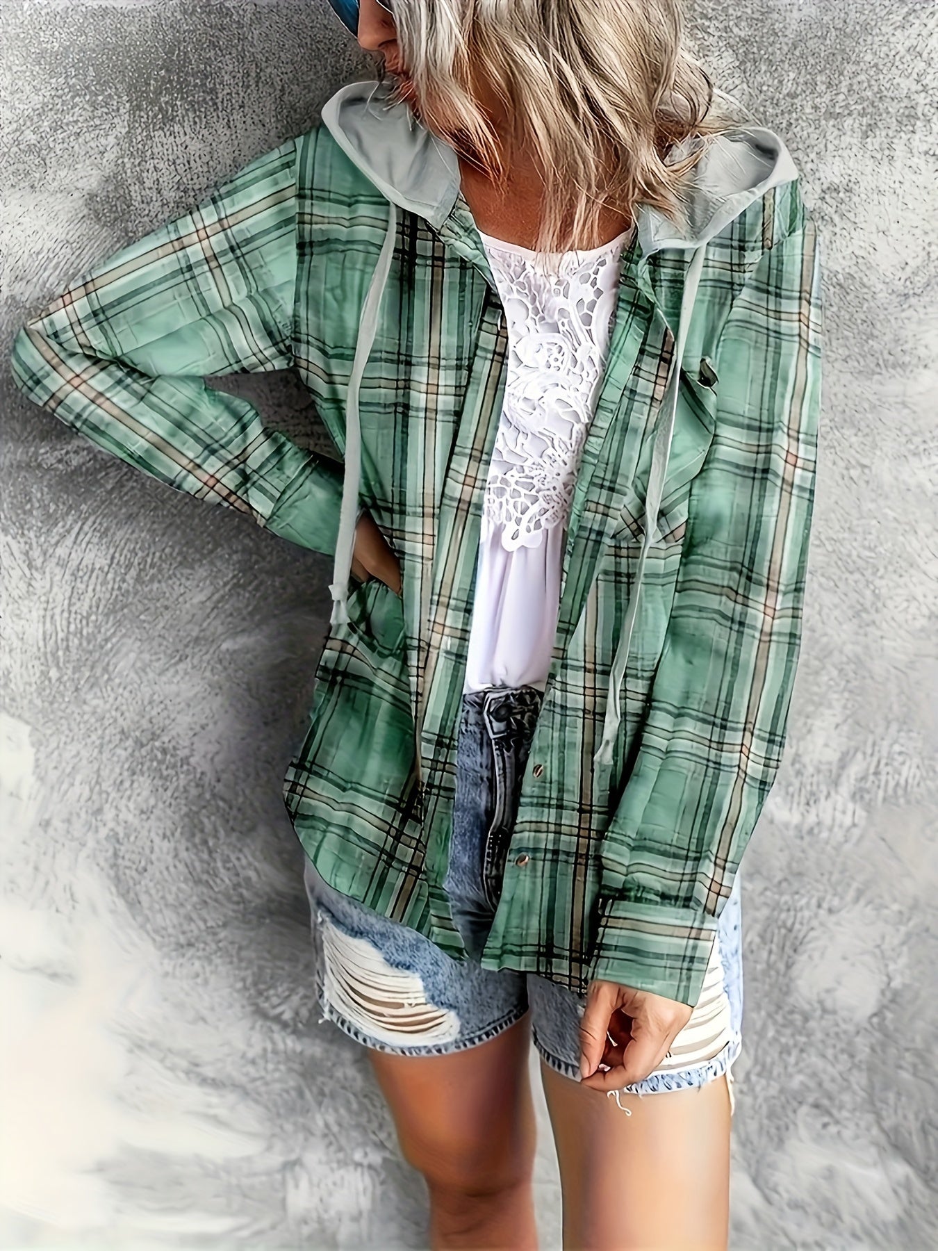 gbolsos Hooded Plaid Print Blouse, Casual Button Front Drawstring Long Sleeve Blouse, Women's Clothing