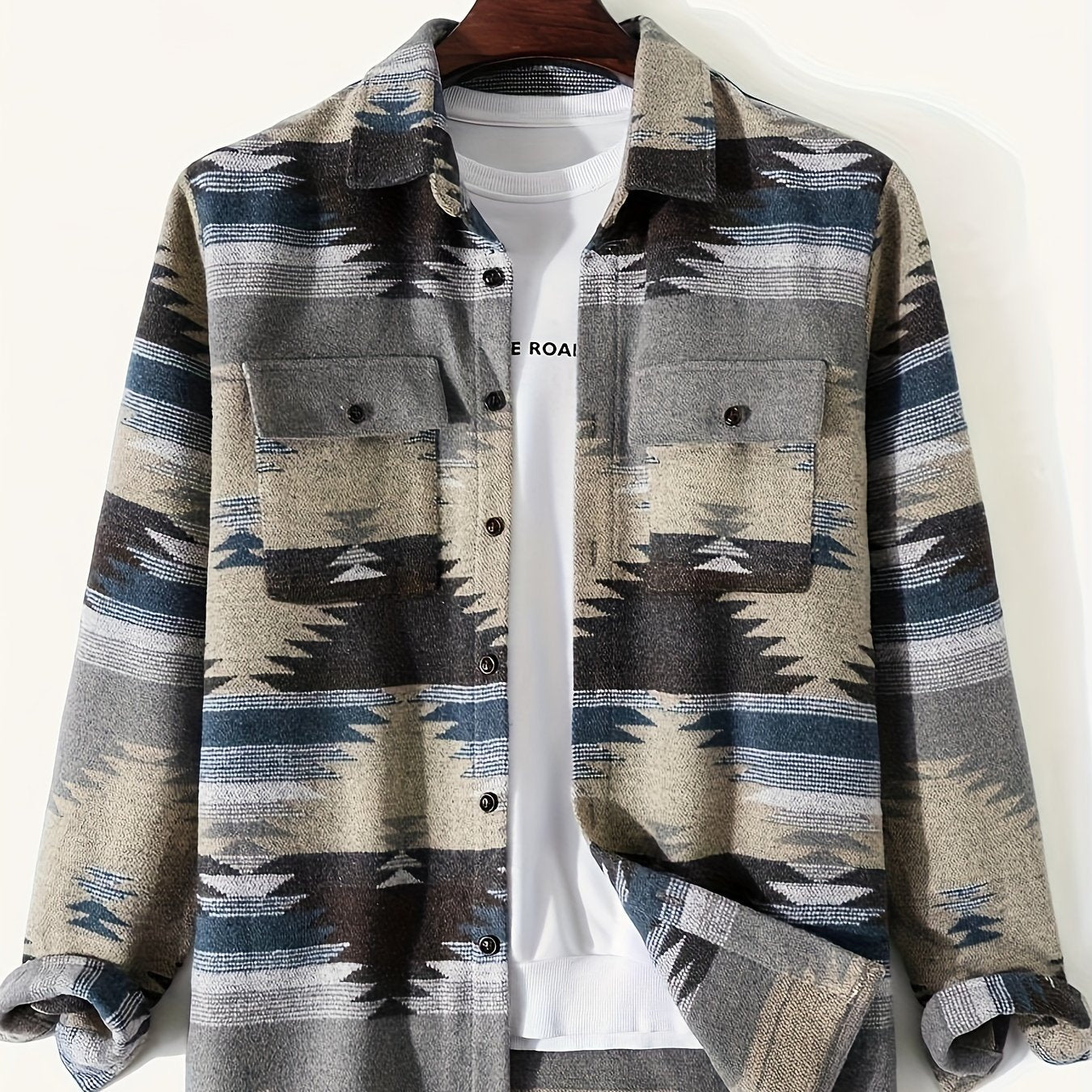 gbolsos Stylish Geometric Pattern Men's Woven Long Sleeve Button Down Shirt Jacket With Pockets, Men's Fall Winter All-match Outwear