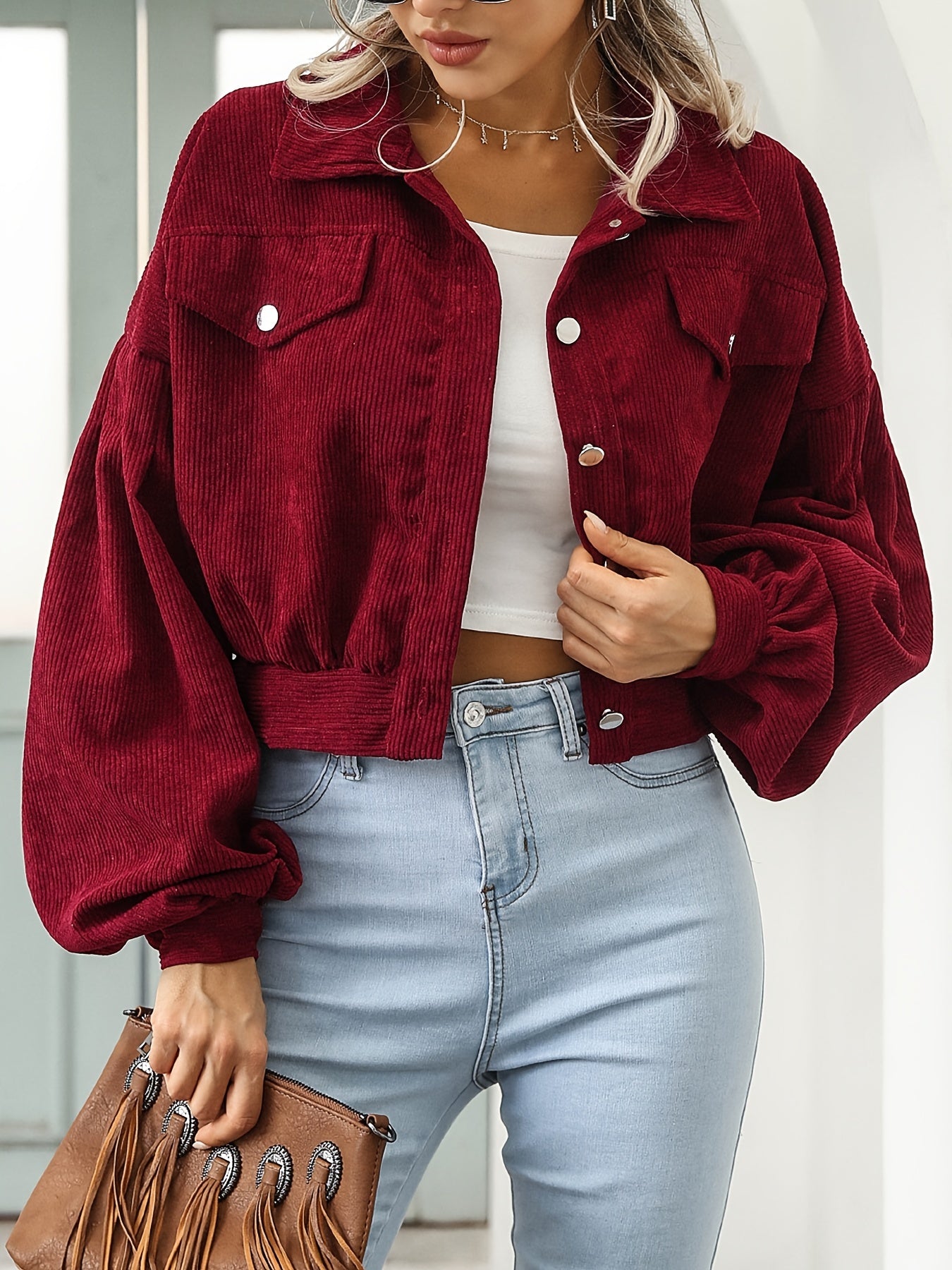 gbolsos Casual Corduroy Crop Jacket, Lapel Lantern Long Sleeve Fashion Loose Crop Outerwear, Women's Clothing