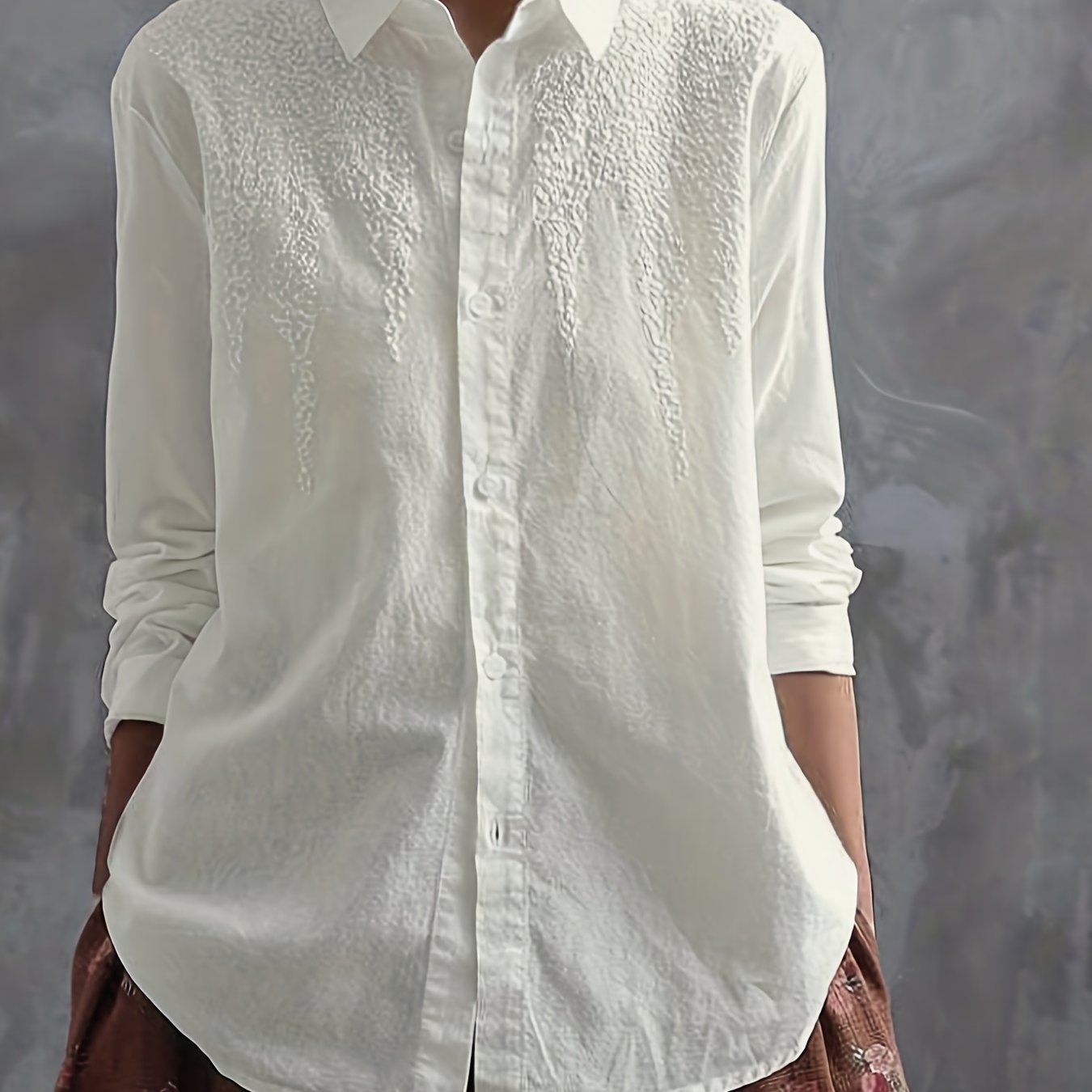 gbolsos Embroidered Solid Shirt, Casual Button Front Long Sleeve Collared Shirt, Women's Clothing
