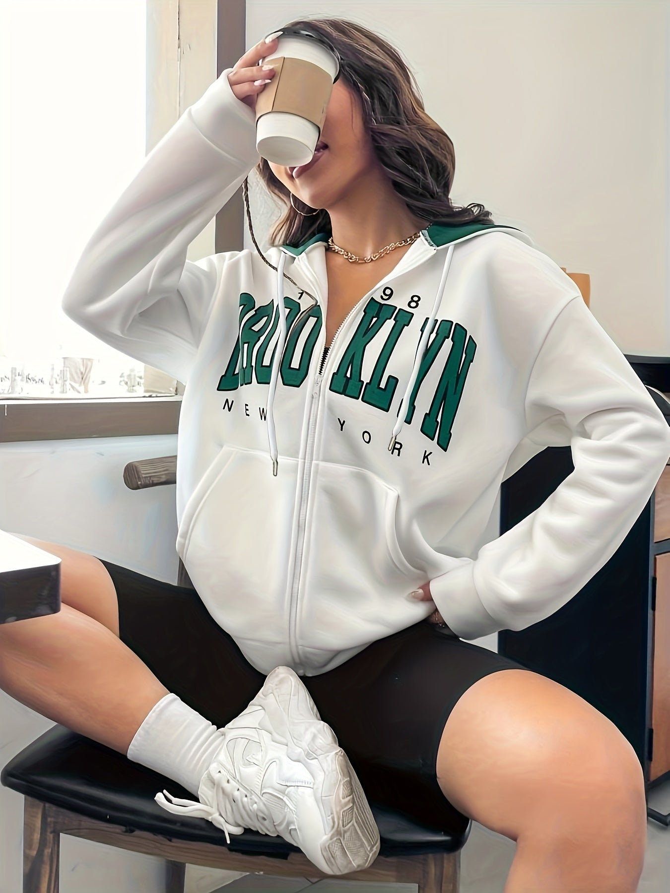 gbolsos Letter Print Zip Up Hoodie, Casual Long Sleeve Hoodies Sweatshirt, Women's Clothing