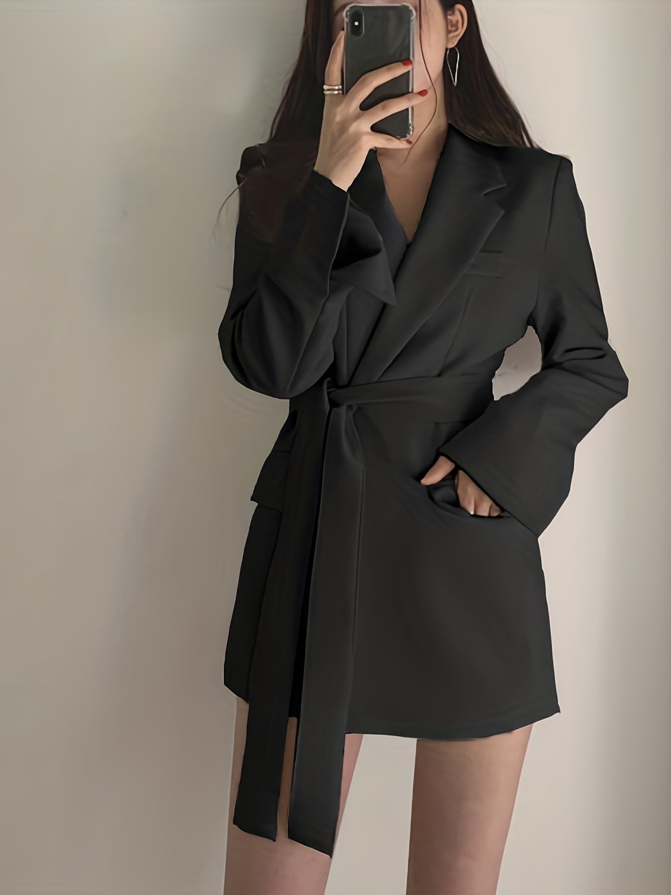 gbolsosSolid Tie-waist Lapel Blazer, Elegant Long Sleeve Outerwear For Work & Office, Women's Clothing