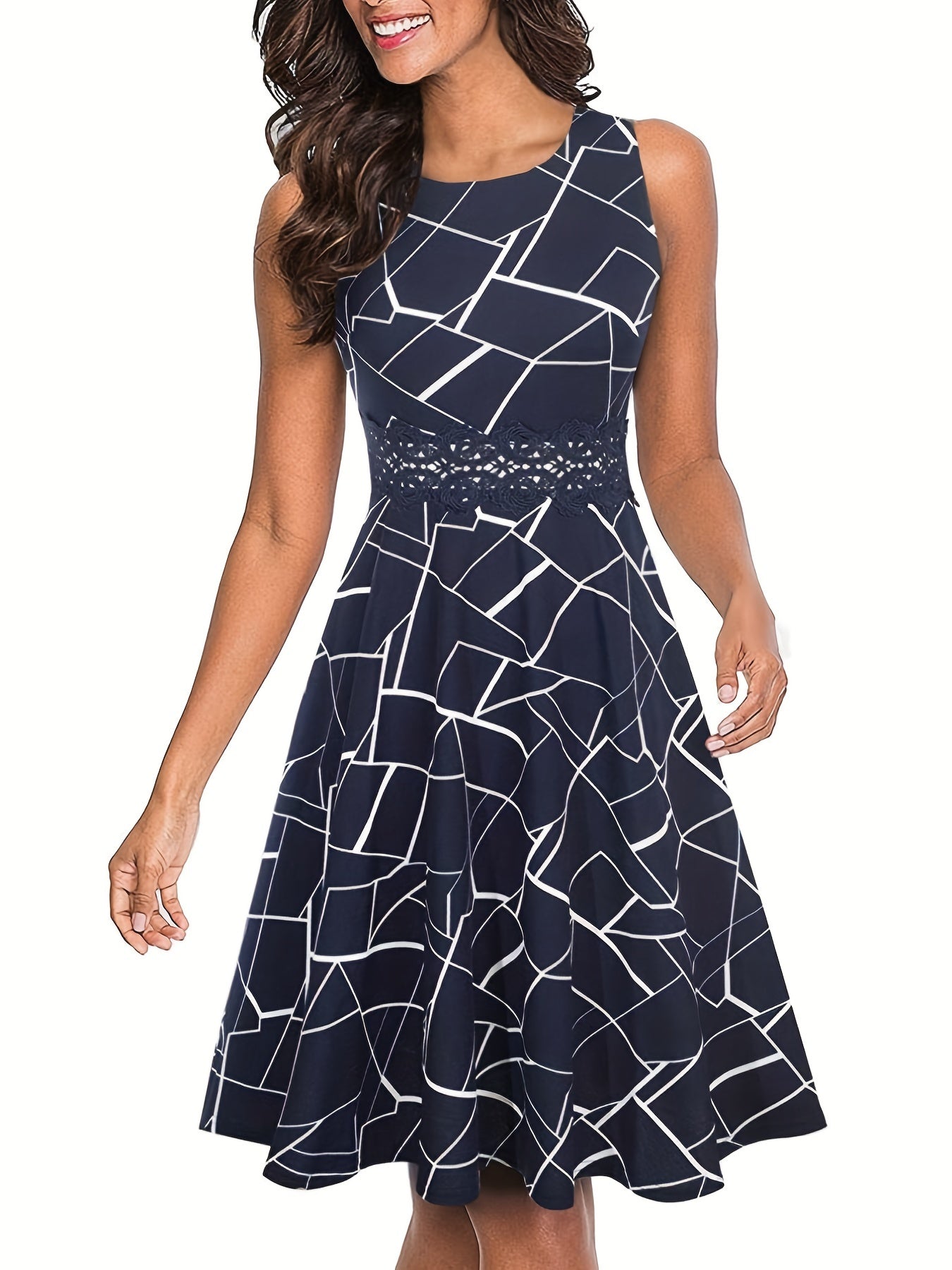 gbolsos Lace Stitching Solid Dress, Elegant Sleeveless Crew Neck Pleated Tank Dress, Women's Clothing