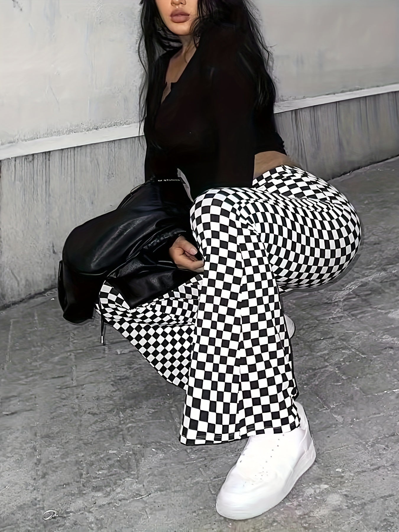 gbolsos Checkerboard Print Flare Leg Pants, Casual High Waist Pants, Women's Clothing