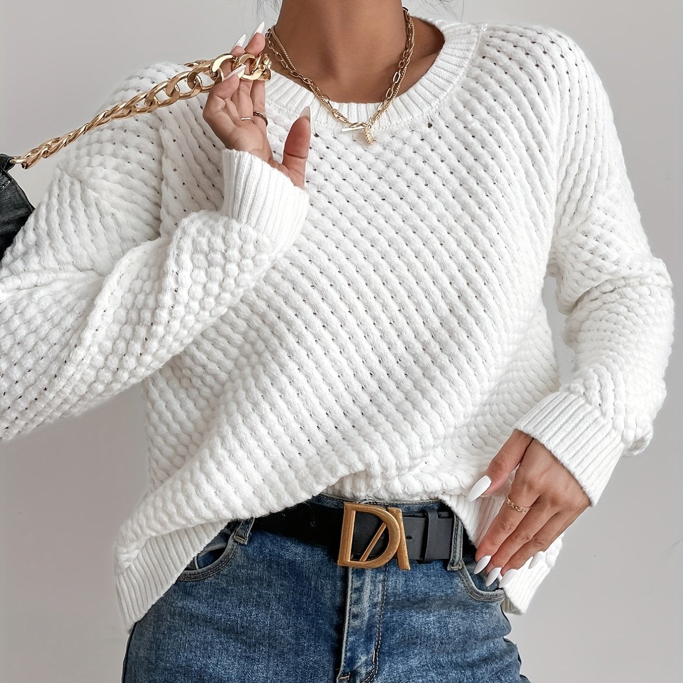 gbolsos Solid Crew Neck Pullover Sweater, Casual Long Sleeve Comfy Sweater, Women's Clothing