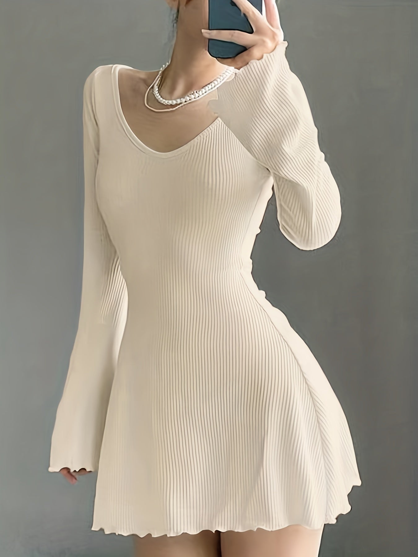 gbolsos Lettuce Trim Solid Dress, Elegant Crew Neck Long Sleeve Dress, Women's Clothing