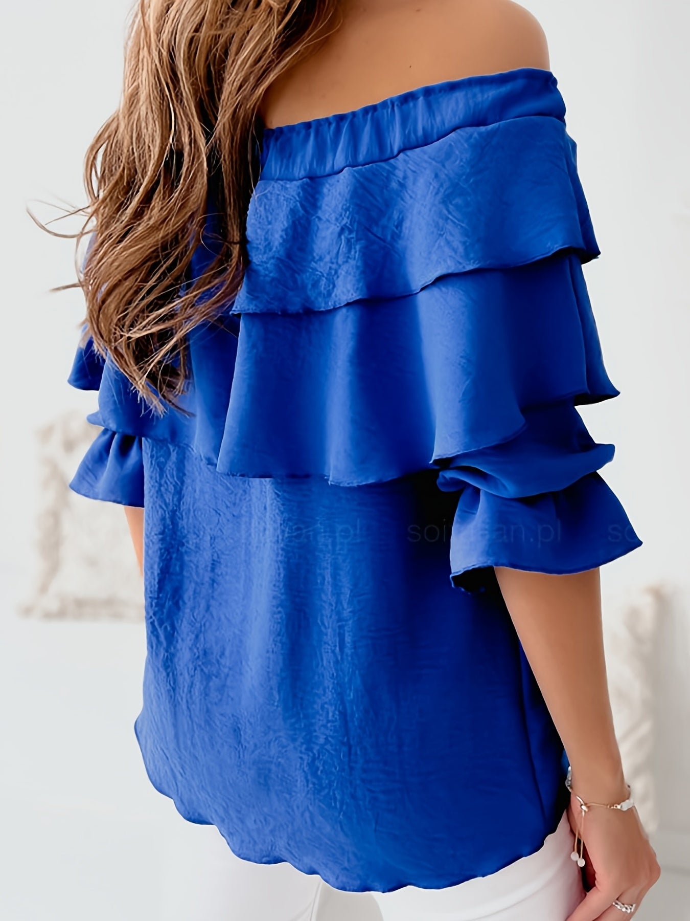 gbolsos Ruffle Trim Layered Blouse, Sexy Off Shoulder Solid Blouse, Women's Clothing