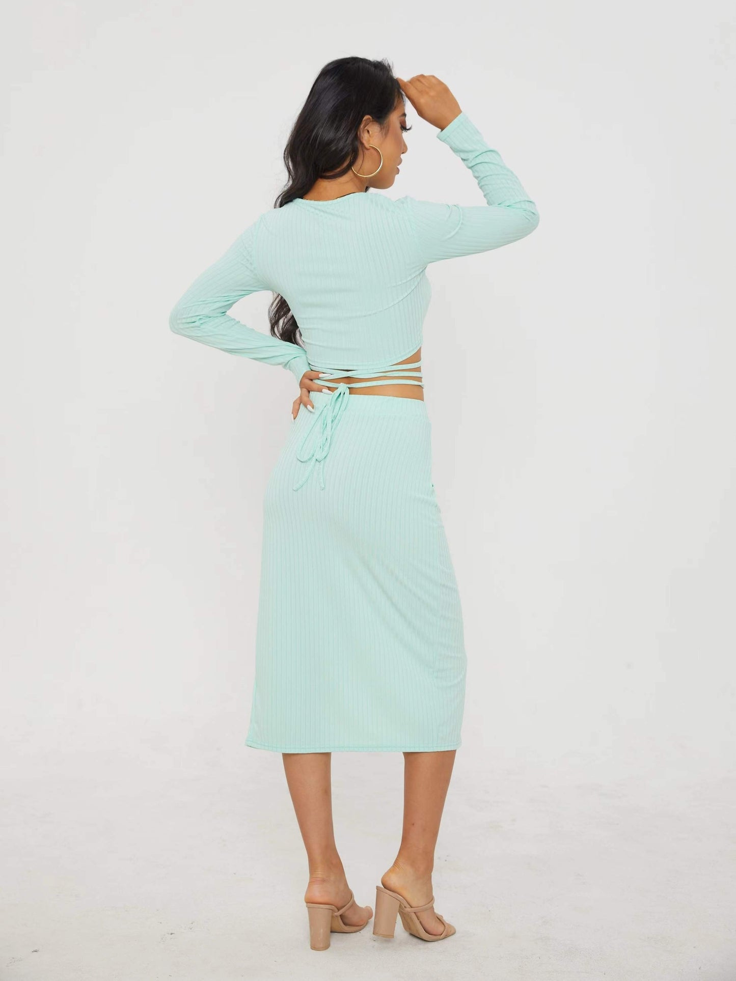 gbolsos Solid Casual Two-piece Set, Tie Back Cropped Tops & Bag Hip Split Skirts Outfits, Women's Clothing