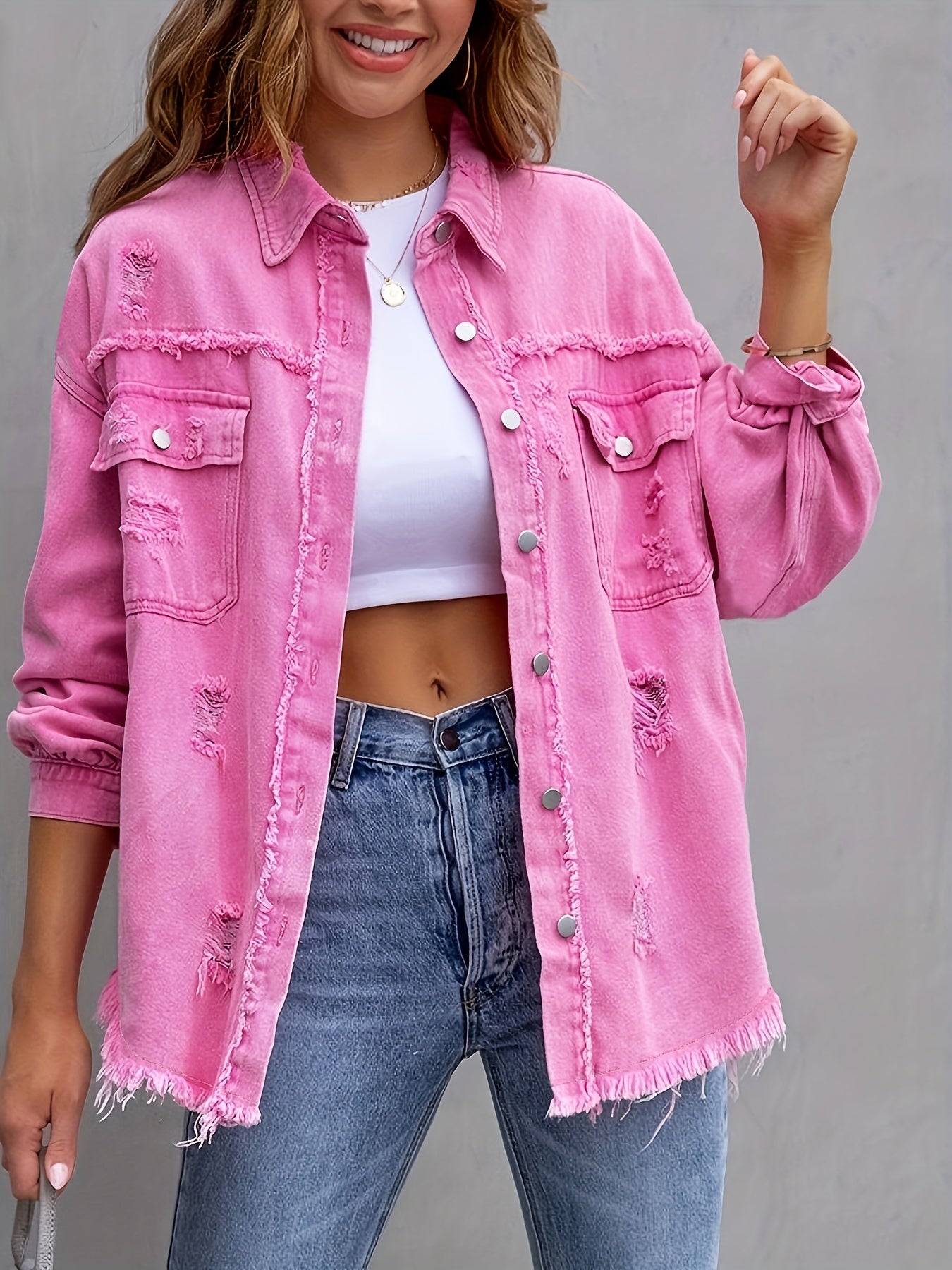 Plain Ripped Holes Lapel Denim Jackets, Distressed Raw Hem Long Sleeves Casual Denim Coats, Women's Denim Clothing