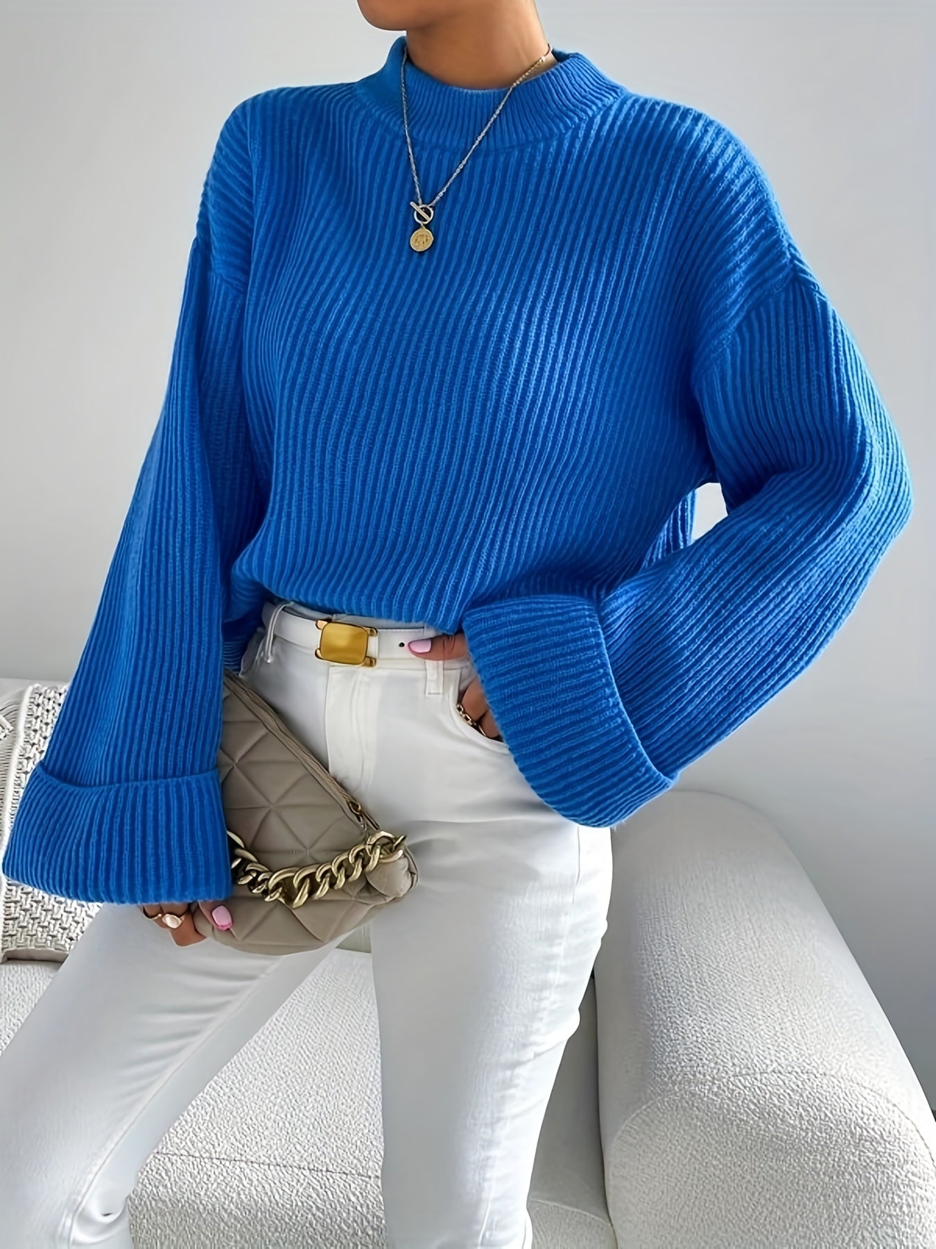 gbolsos Solid Mock Neck Pullover Sweater, Casual Long Sleeve Drop Shoulder Sweater For Fall & Winter, Women's Clothing