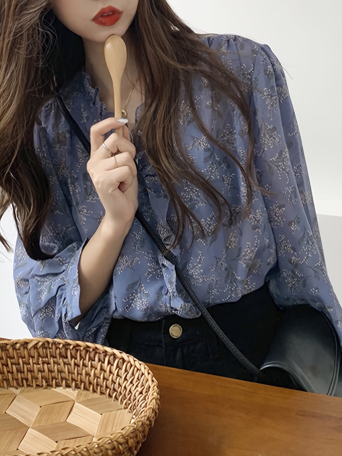 gbolsos Allover Print Ruffle Trim Blouse, Elegant Long Sleeve Blouse For Spring & Fall, Women's Clothing