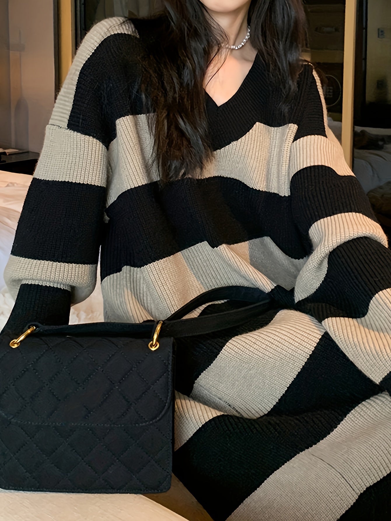 gbolsos Striped Drop Shoulder Sweater Dress, Casual V Neck Long Sleeve Maxi Dress, Women's Clothing