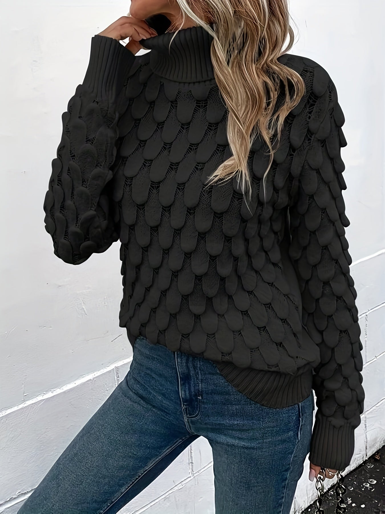 gbolsos Fish Scale Turtleneck Sweater, Casual Solid Long Sleeve Knit Sweater, Women's Clothing