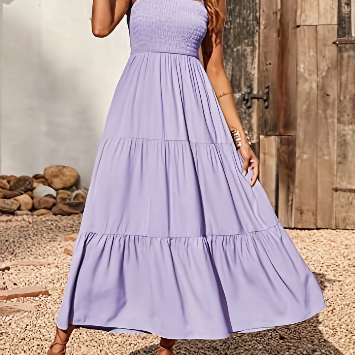 gbolsos Shirred Cami Dress, Vacation Spaghetti Sleeveless High Waist Ruched Dress, Women's Clothing
