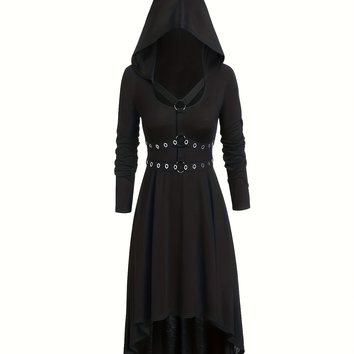 gbolsos Solid Circle Decor Hooded Dress, Vintage Asymmetrical Hem Cosplay Dress For Spring & Fall, Women's Clothing