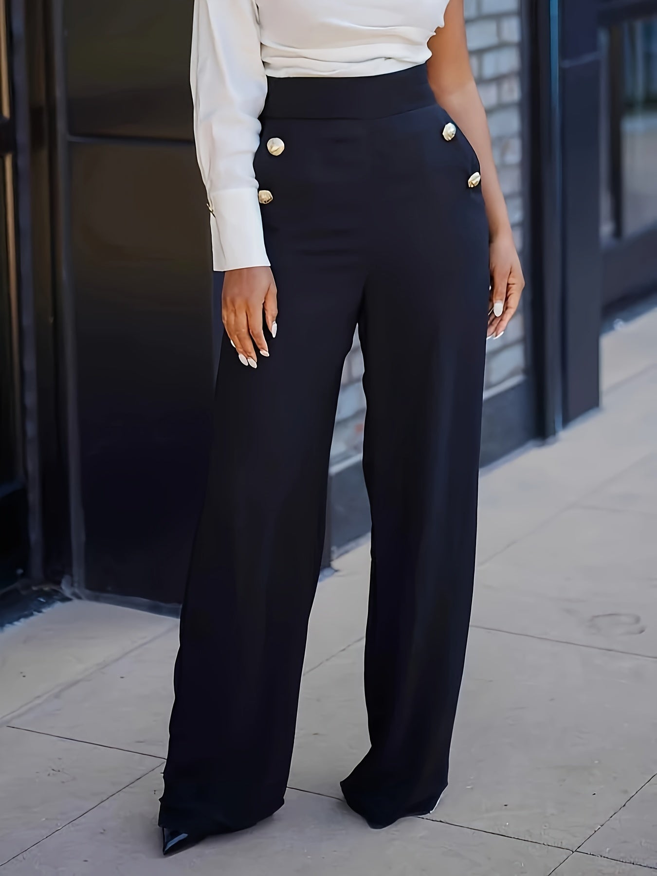 gbolsos Solid Button Decor Wide Leg Pants, Casual High Waist Pants, Women's Clothing