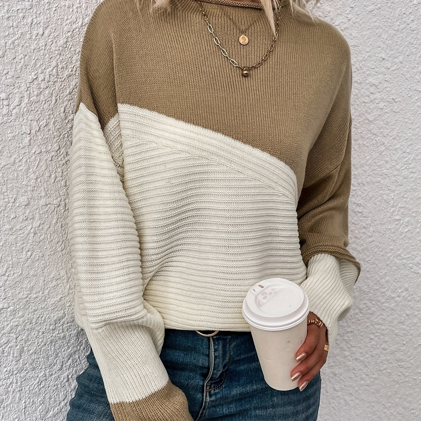gbolsos Color Block Loose Pullover Sweater, Elegant Long Sleeve Drop Shoulder Sweater, Women's Clothing
