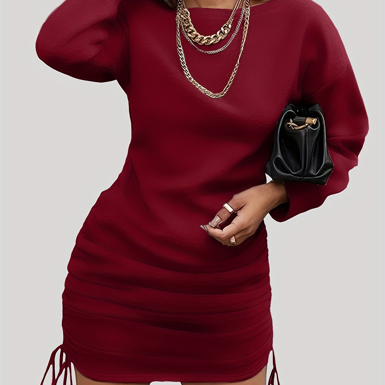 Ruched Drawstring Dress, Casual Crew Neck Long Sleeve Dress, Women's Clothing