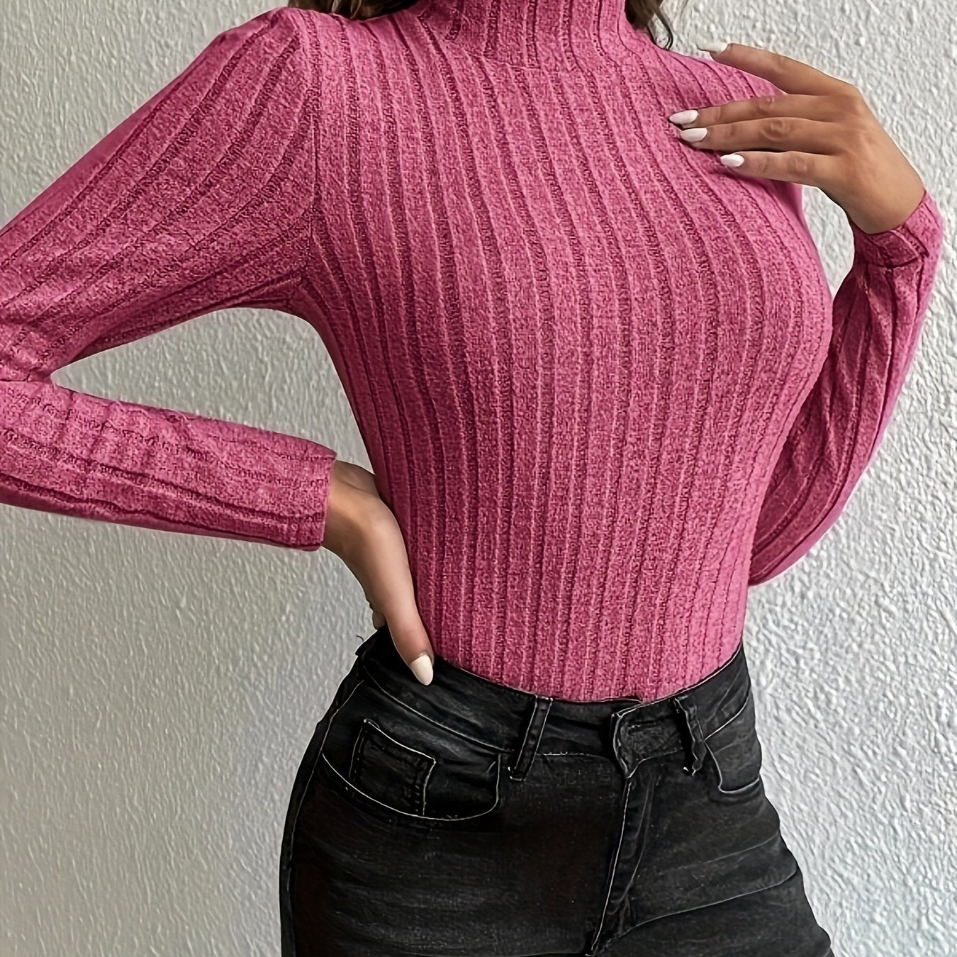 gbolsos Solid Turtleneck Knit Top, Elegant Slim Long Sleeve Sweater For Spring & Fall, Women's Clothing