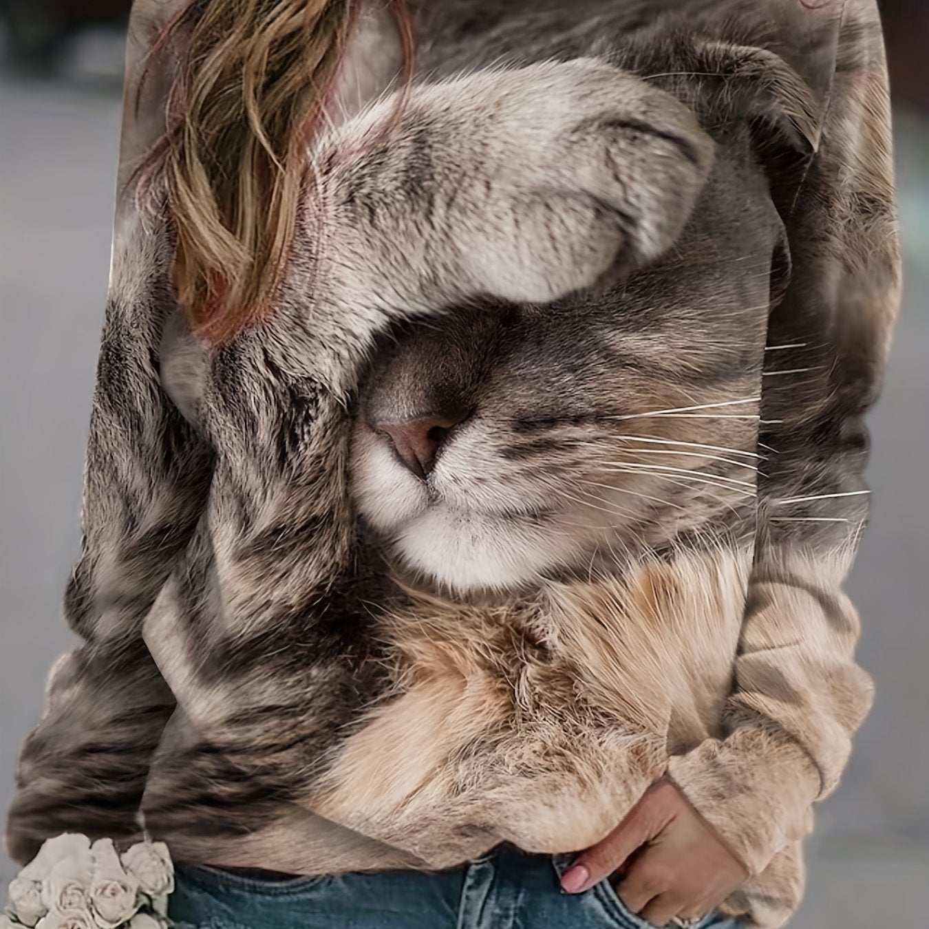 gbolsos Cute Cat Print Sweatshirt, Casual Long Sleeve Crew Neck Sweatshirt For Spring & Fall, Women's Clothing