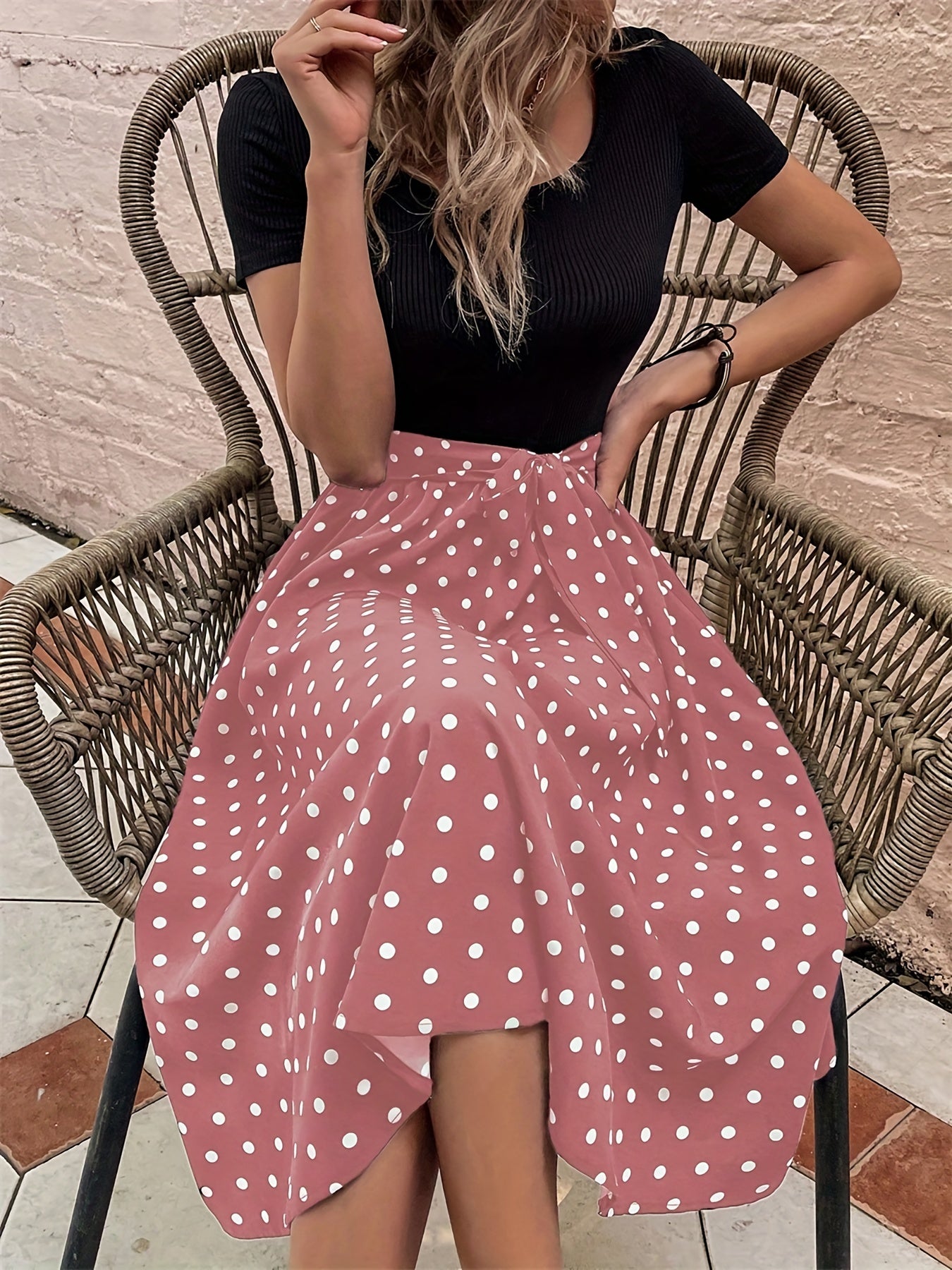 Polka Dot Print Splicing Dress, Casual Crew Neck Short Sleeve Dress, Women's Clothing