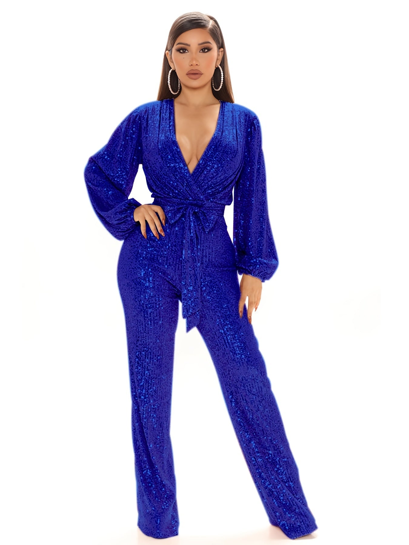 gbolsos Solid Sequin Deep V Neck Jumpsuit, Elegant Long Sleeve Tie Waist Long Length Jumpsuit, Women's Clothing