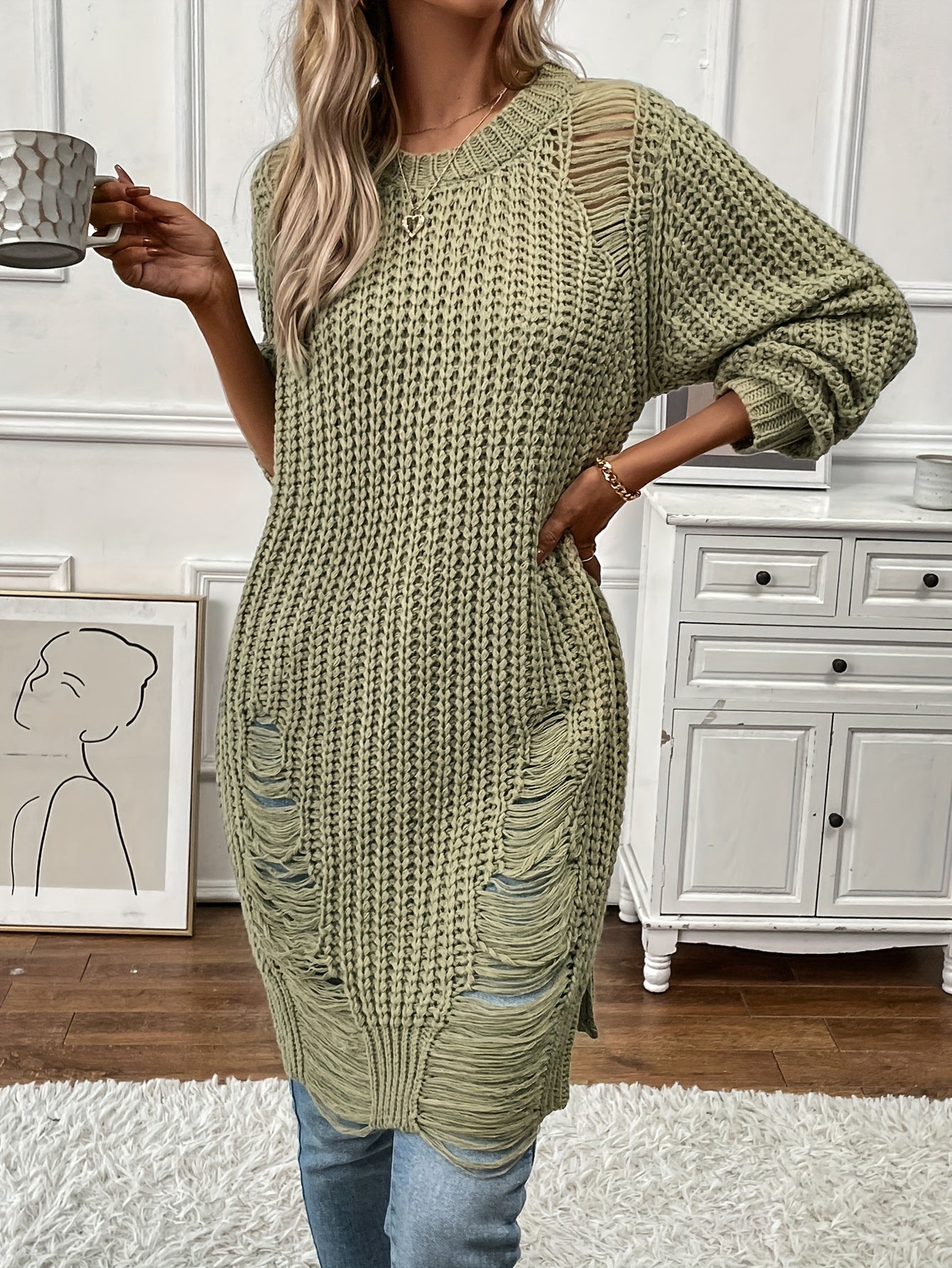 gbolsos Solid Crew Neck Ripped Split Pullover Sweater, Sexy Long Sleeve Sweater For Spring & Fall, Women's Clothing