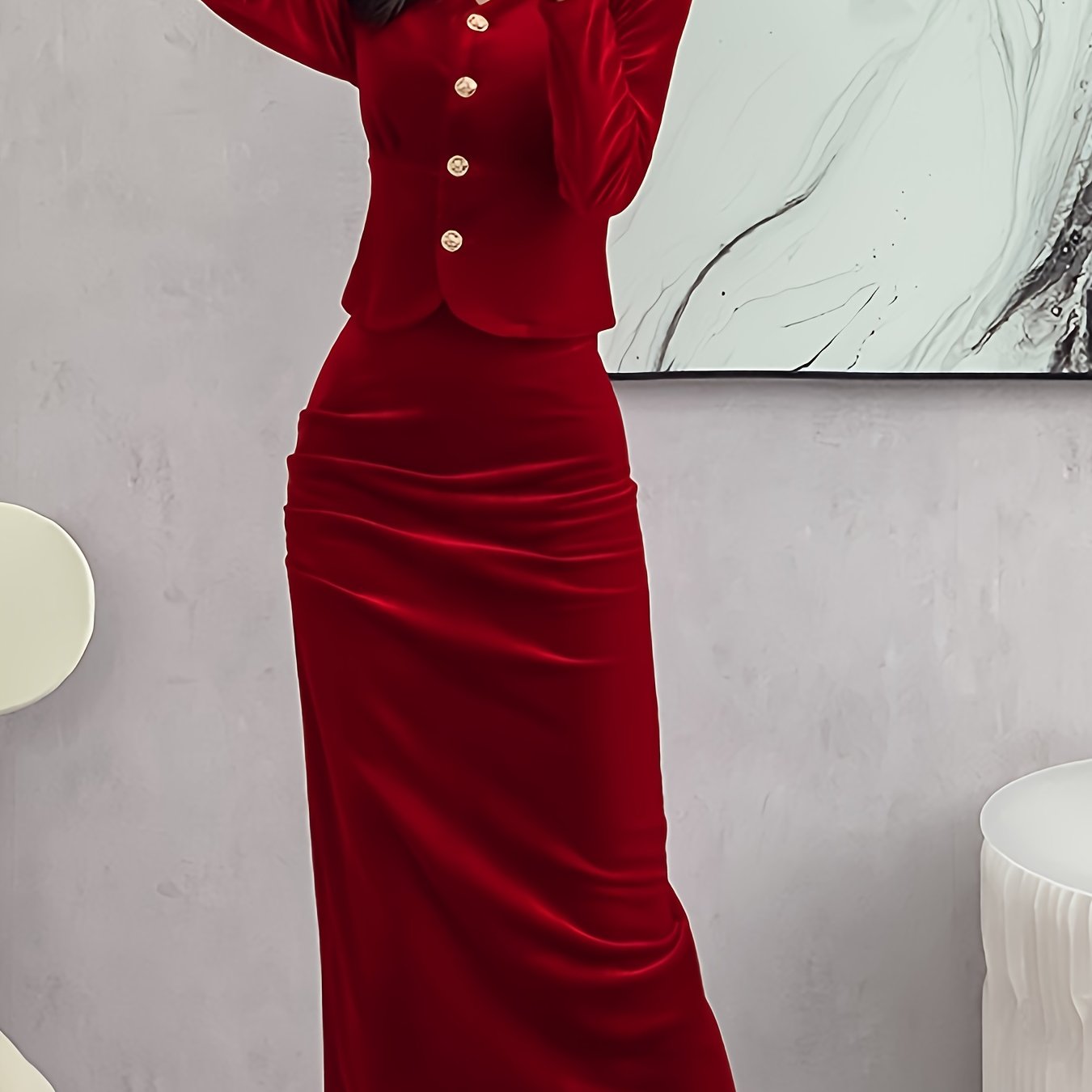 Solid Bodycon Two-piece Set, Button Front Long Sleeve Tops & High Waist Midi Skirts Outfits, Women's Clothing