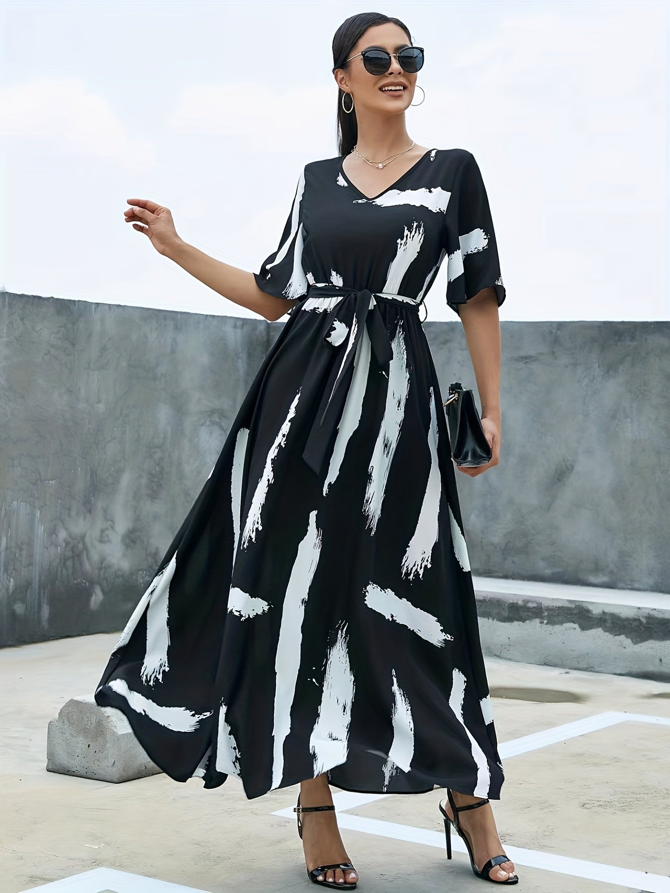 gbolsos Flutter Sleeve Belted Maxi Dress, Casual Dress For Spring & Summer, Women's Clothing