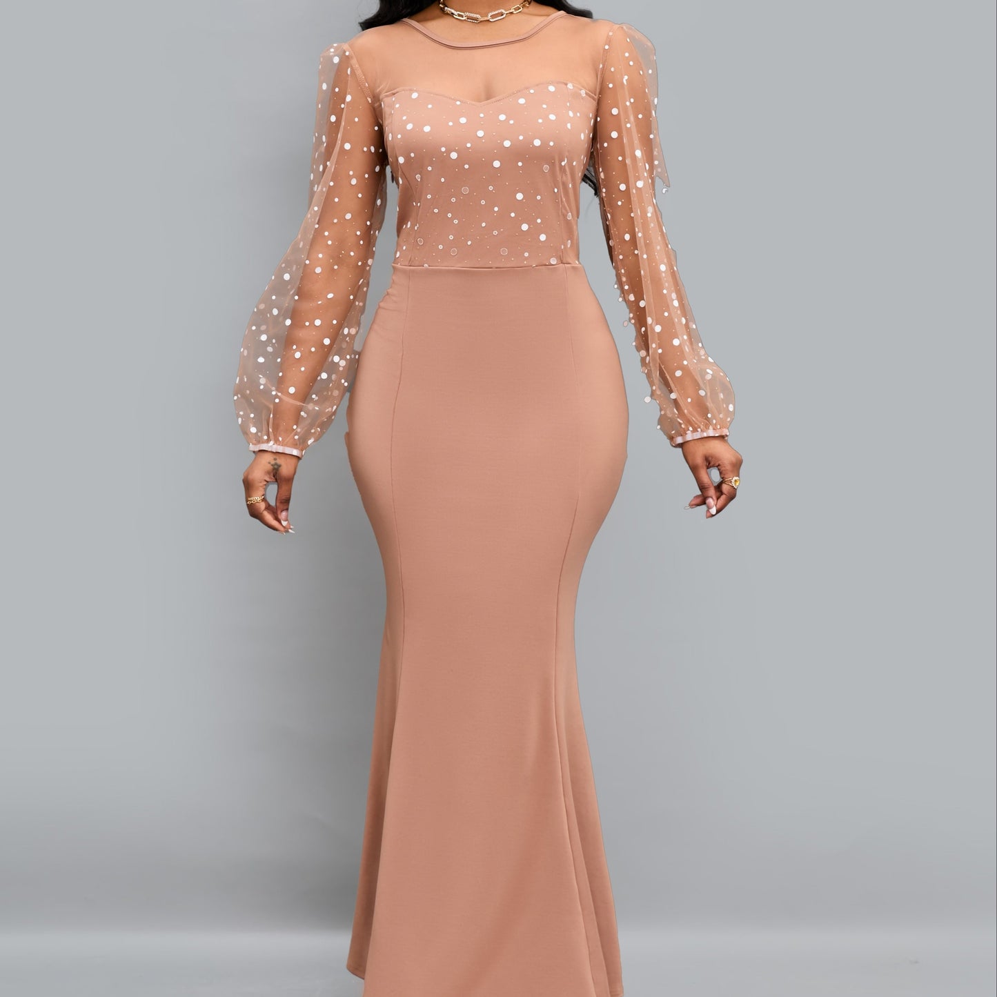 gbolsos Round Neck Mesh Stitching Dress, Elegant Slim Long Sleeve Waist Long Dresses, Women's Clothing