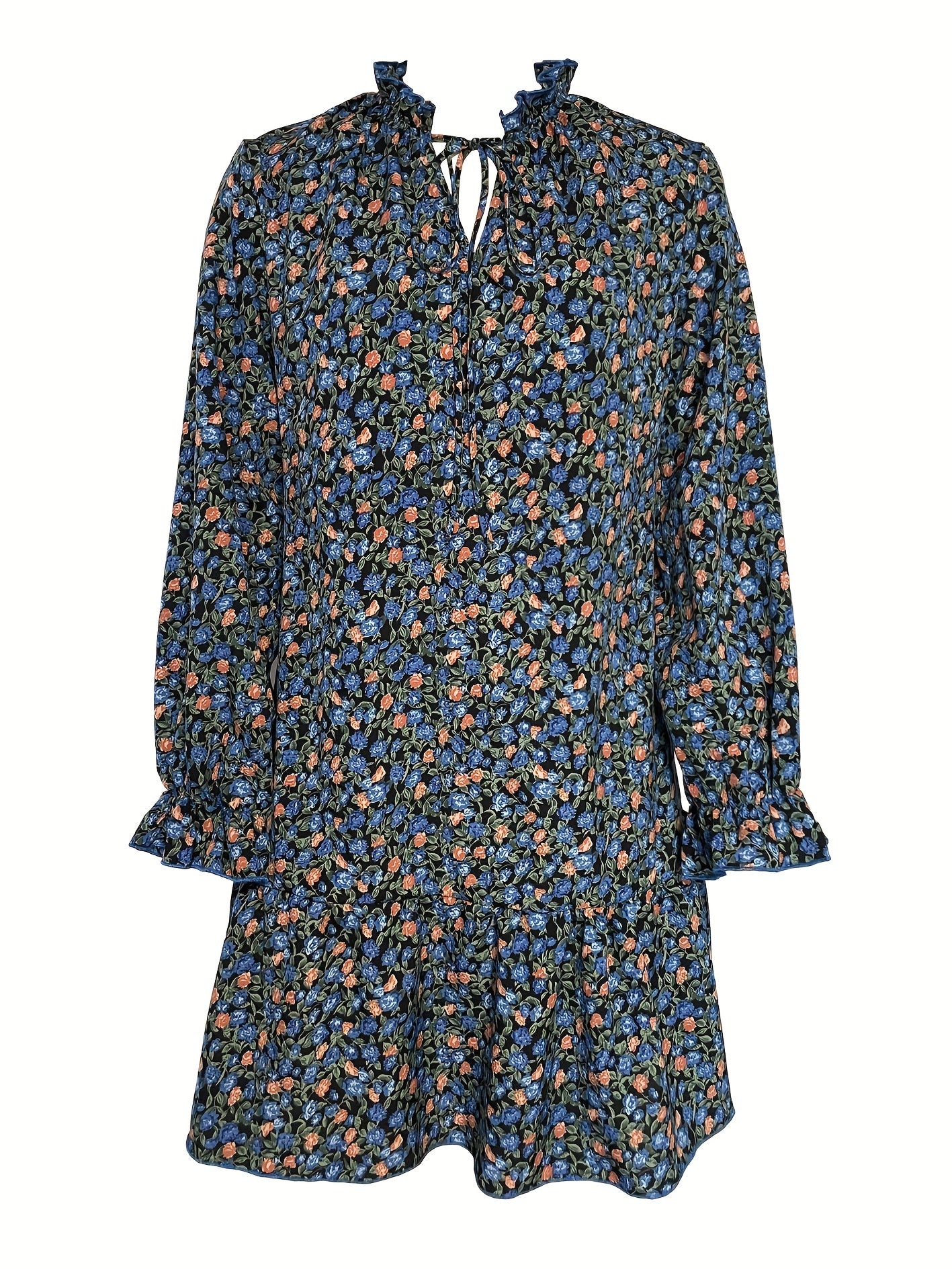 gbolsos Ditsy Floral Print Dress, Elegant Tie Front Long Sleeve Dress, Women's Clothing