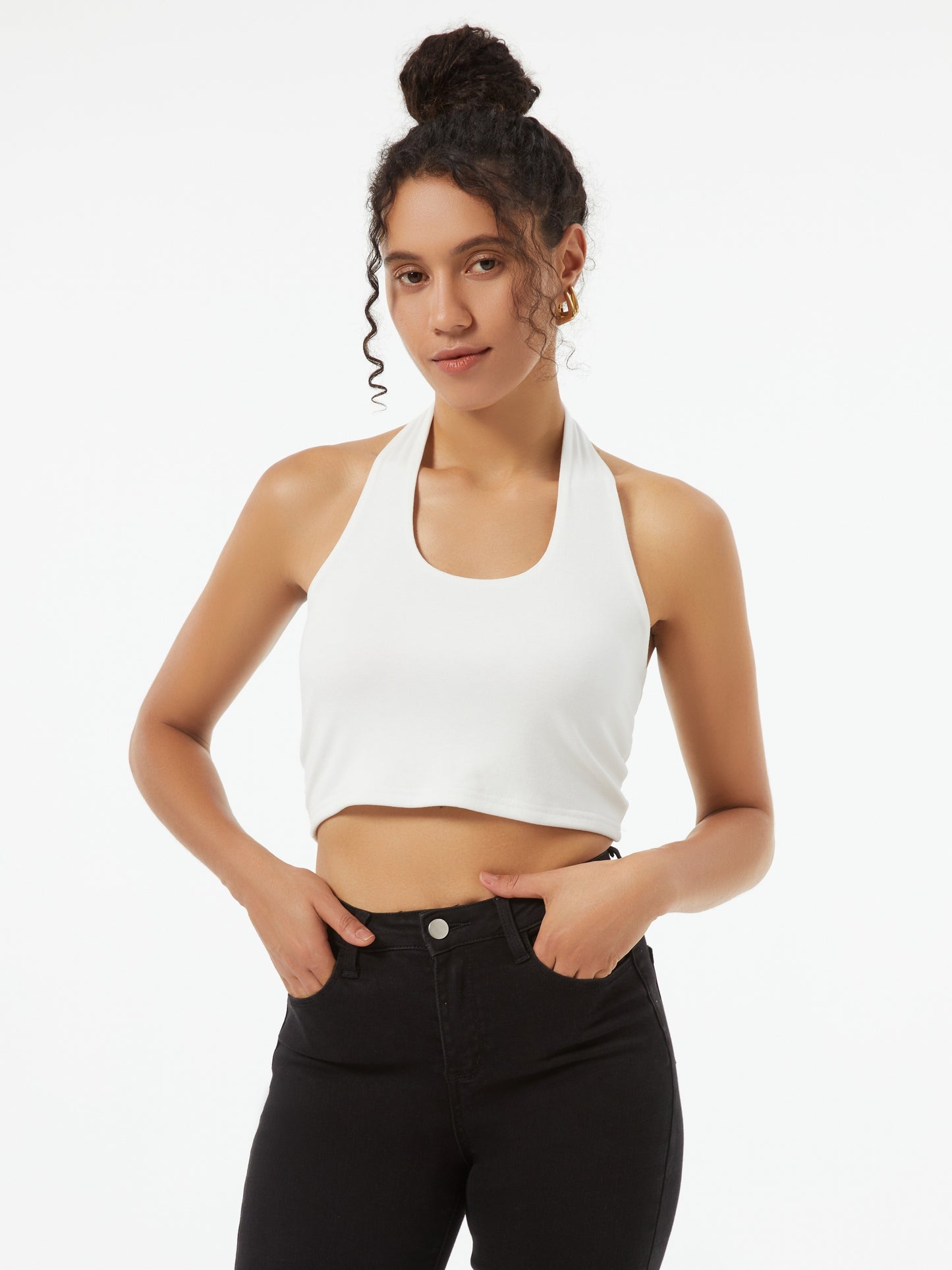 Solid Halter Neck Crop Top, Sexy Backless Halter Top For Summer, Women's Clothing