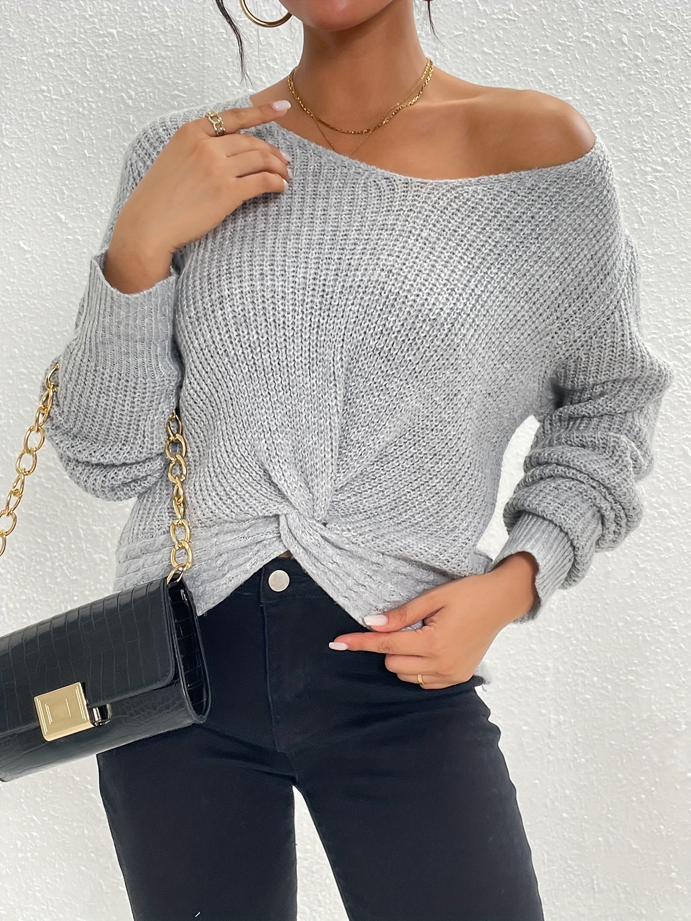 Twist Front V Neck Sweater, Casual Long Sleeve Sweater For Fall & Winter, Women's Clothing