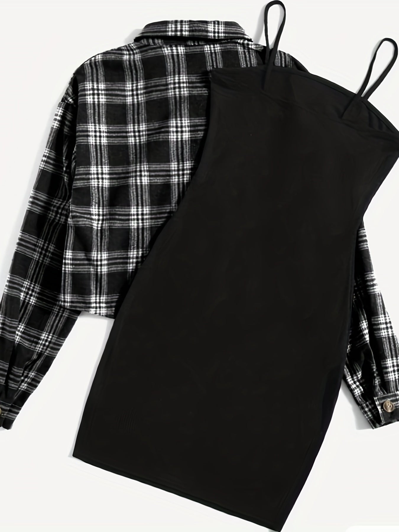 Casual Simple Two-piece Set, Plaid Print Button Front Tops & Solid Spaghetti Strap Dress Outfits, Women's Clothing