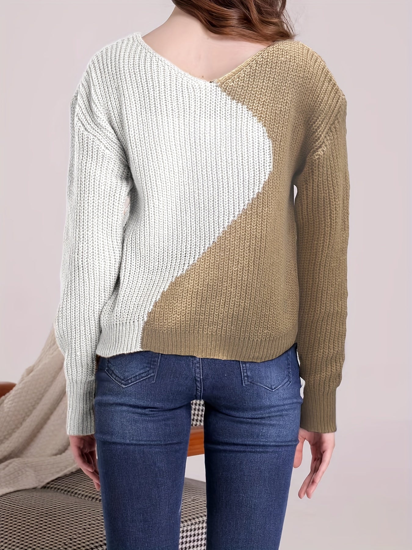 gbolsos Color Block Drop Shoulder Sweater, Casual V-neck Long Sleeve Sweater, Women's Clothing