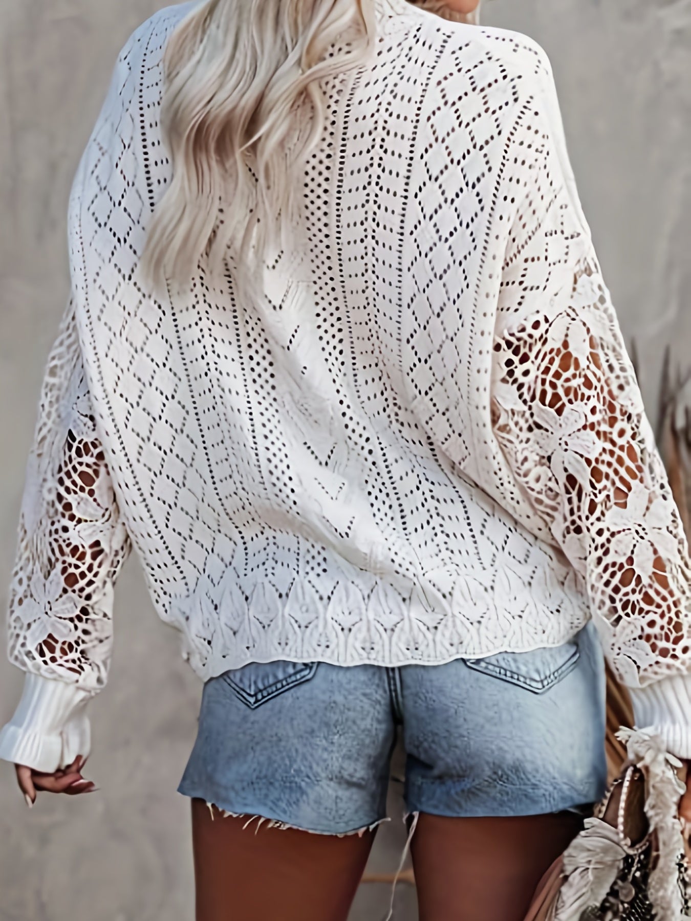 gbolsos Contrast Lace Eyelet Knit Sweater, Elegant Crew Neck Long Sleeve Sweater, Women's Clothing