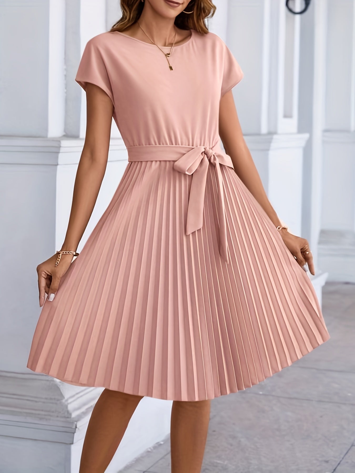 2025 gbolsos Pleated Tie Front Dress, Casual Short Sleeve Dress For Spring & Summer, Women's Clothing