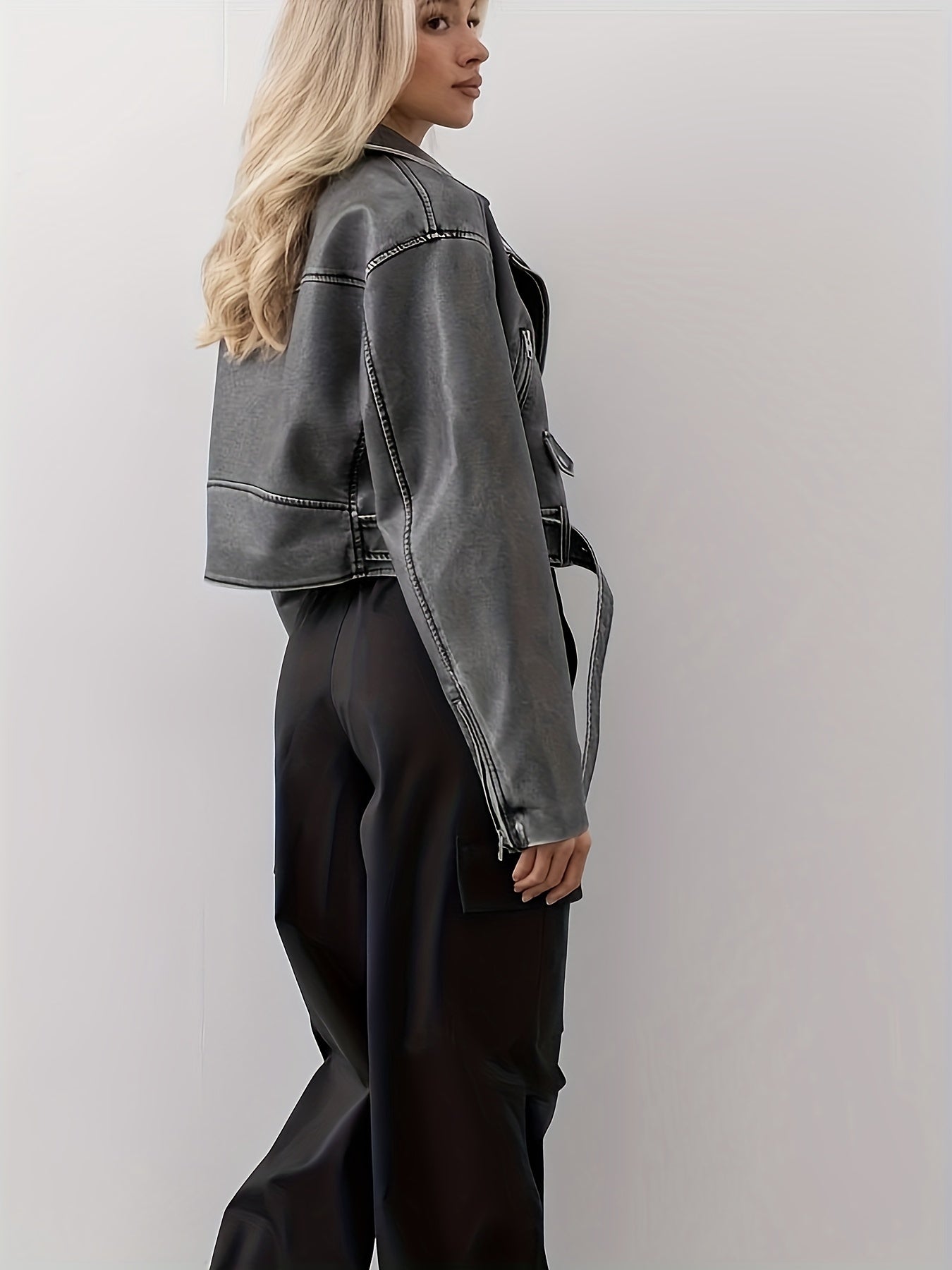 gbolsos Cropped Faux Leather Biker Jacket, Vintage Slant Pockets Belt Decor Jacket, Women's Clothing