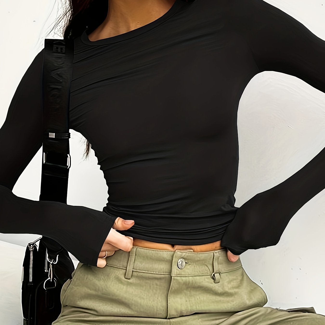 gbolsos Thin Solid Crew Neck T-Shirt, Casual Long Sleeve Top For Spring & Fall, Women's Clothing