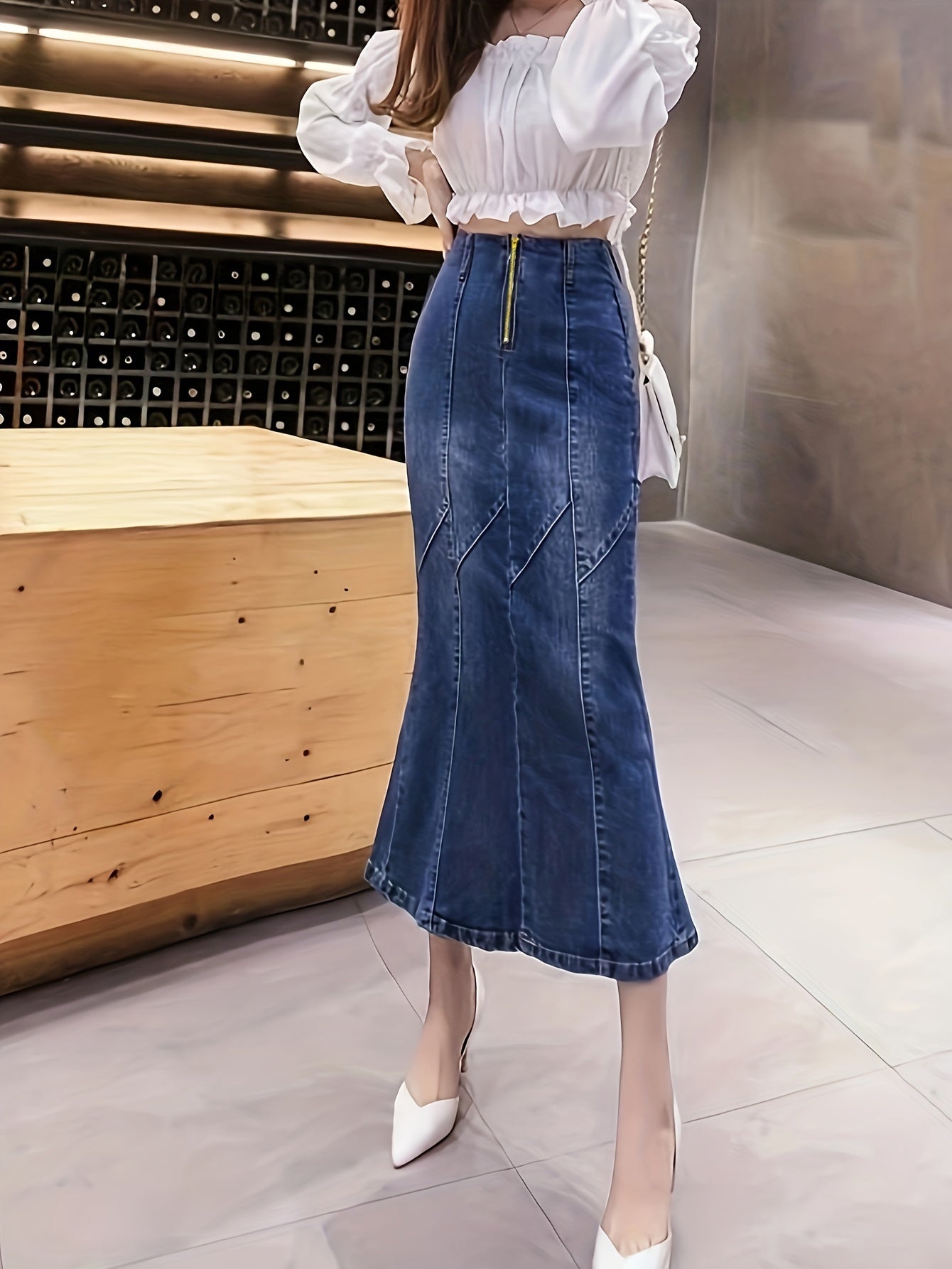 gbolsos Blue Zip Front Denim Midi Skirt, High Stretch Mermaid High Waist Casual Denim Midi Skirt, Women's Denim Clothing