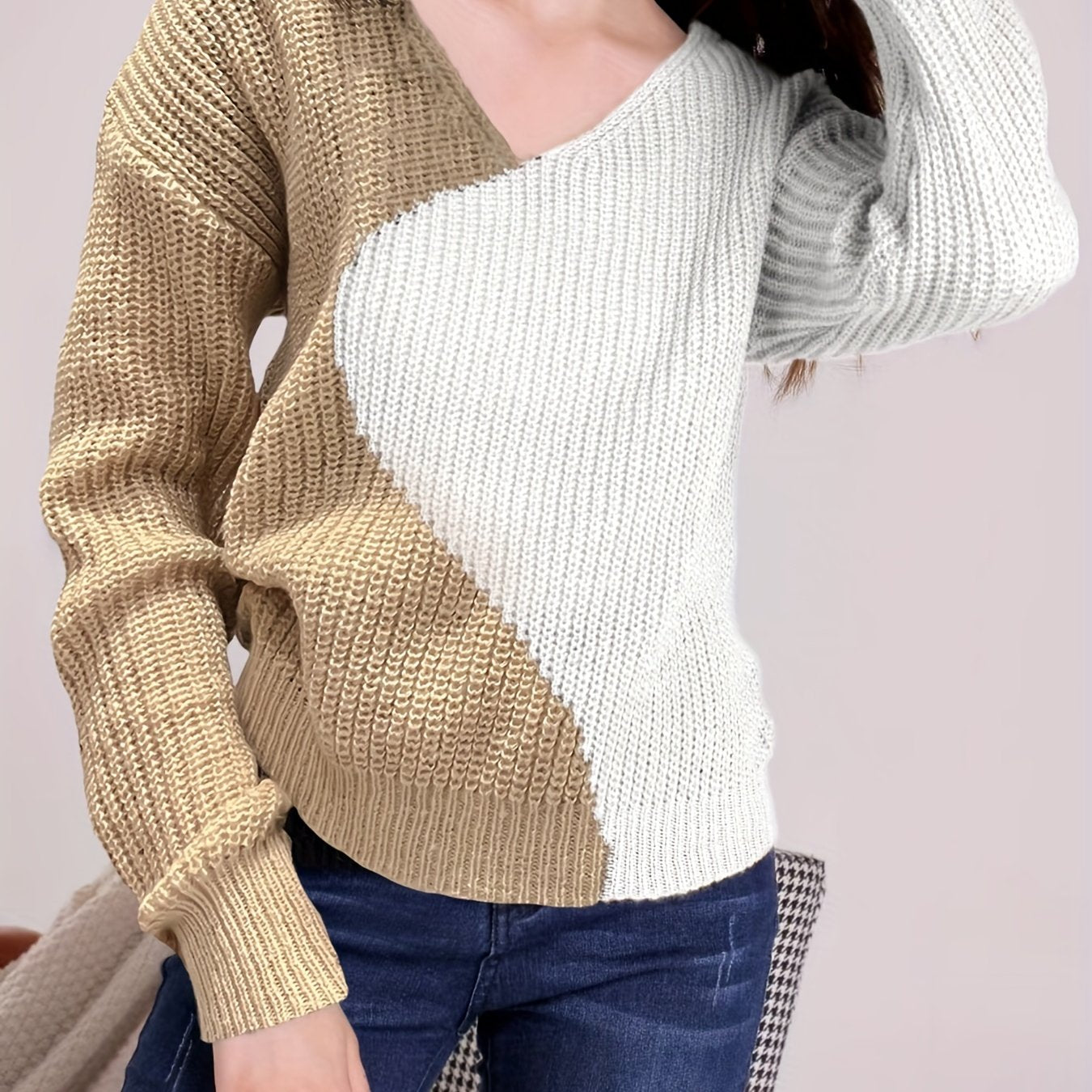 gbolsos Color Block Drop Shoulder Sweater, Casual V-neck Long Sleeve Sweater, Women's Clothing