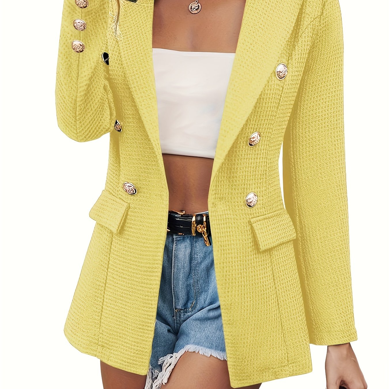 gbolsos Lapel Double Breasted Blazer, Elegant Long Sleeve Work Office Outerwear With Pockets, Women's Clothing