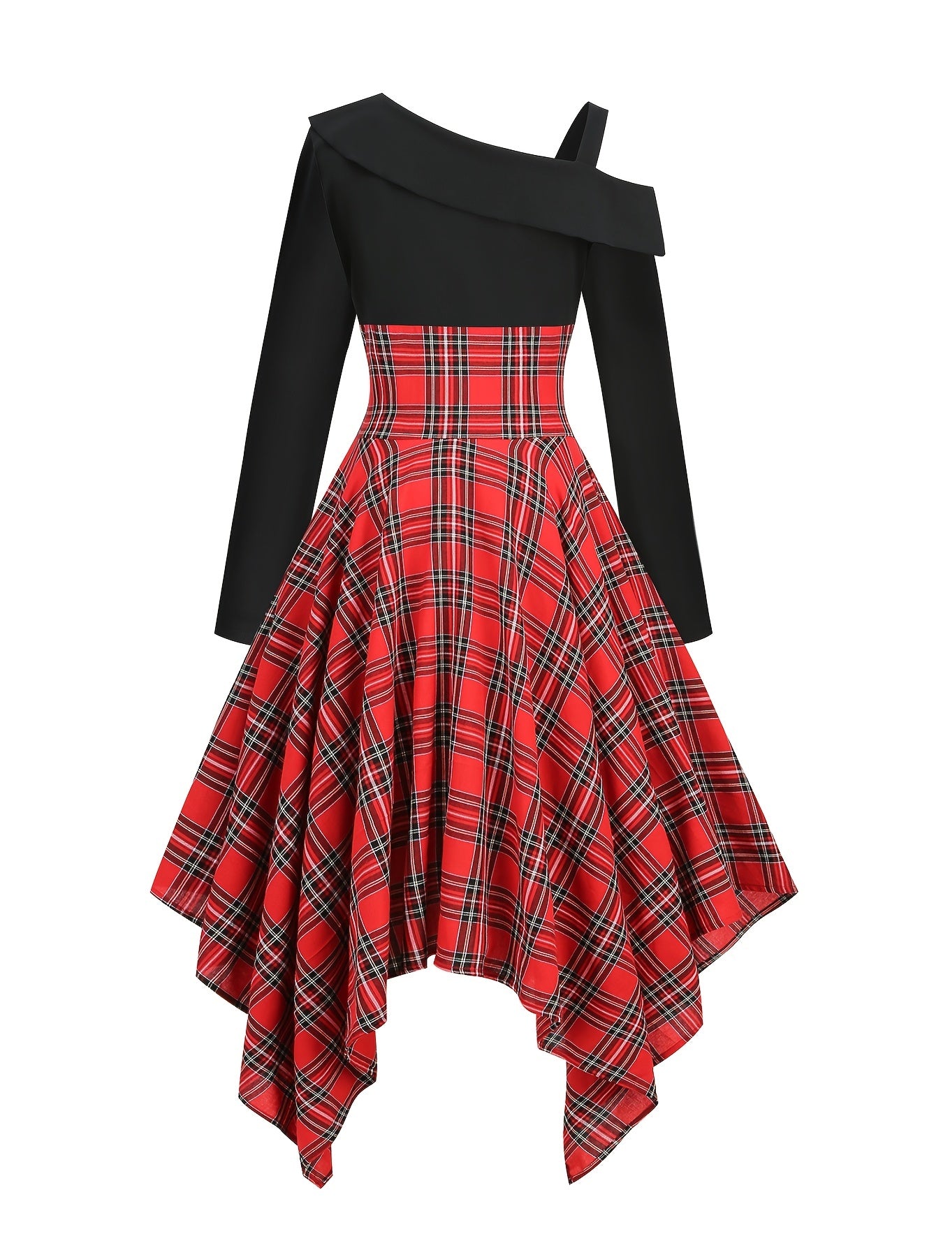 gbolsos Plaid Asymmetrical Hem Dress, Vintage Cold Shoulder Long Sleeve Dress, Women's Clothing
